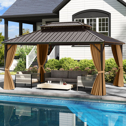 16 x 12 hardtop gazebo with outdoor seating beside a pool in a landscaped backyard.