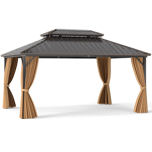16 x 12 hardtop gazebo with double metal roof and tied-back tan curtains on a white background.