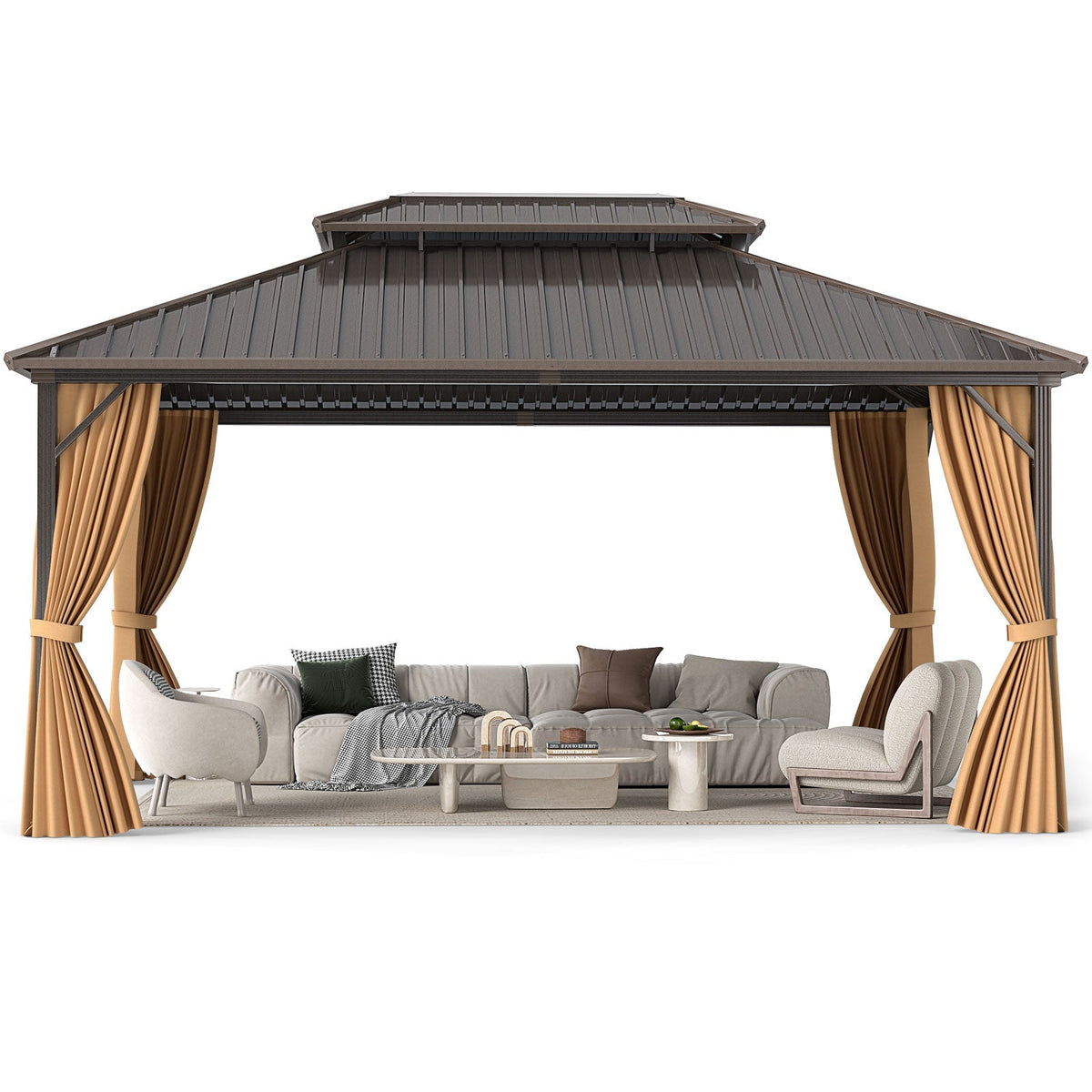 16 x 12 hardtop gazebo with double metal roof, tied-back curtains, and outdoor seating on a white background.