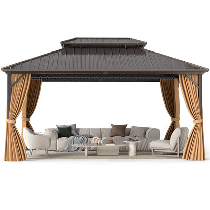 16 x 12 hardtop gazebo with double metal roof, tied-back curtains, and outdoor seating on a white background.