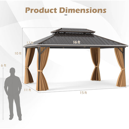 16 x 12 gazebo size diagram showing a 15 x 11 base, 10 ft overall height, and 16 x 12 roof.