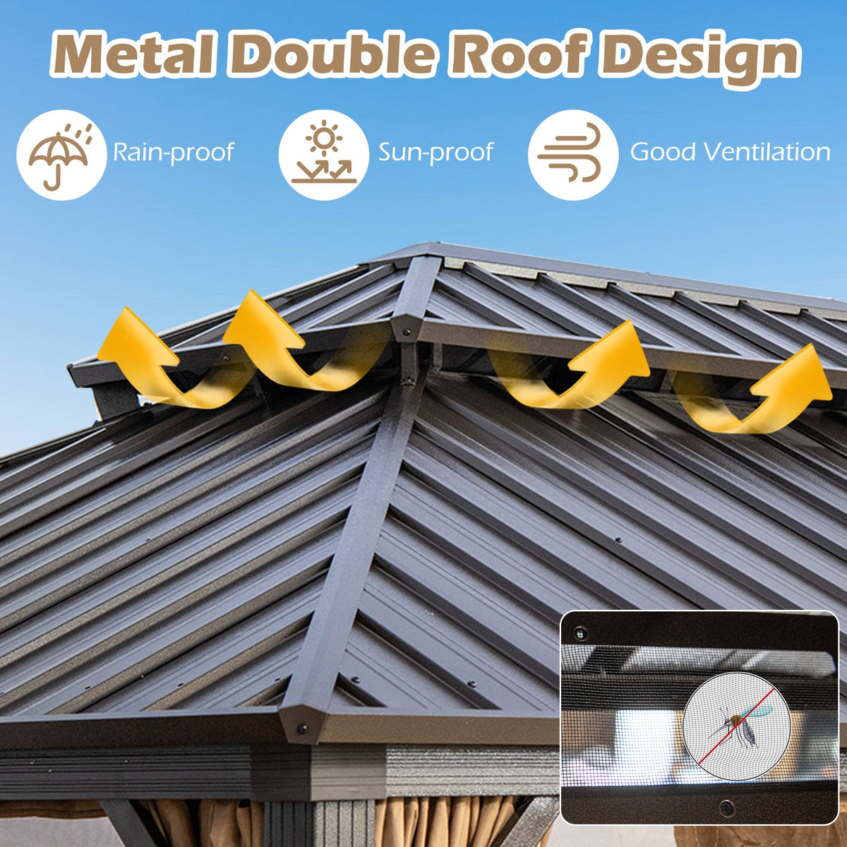 Close-up of the double-roof vent and mesh netting beneath a 16 x 12 gazebo roof.