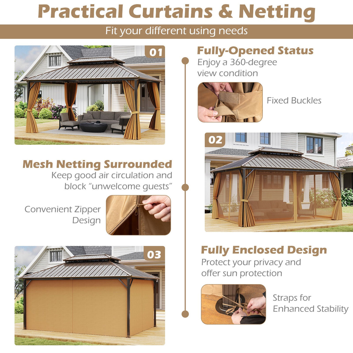 Infographic showing tied-back curtains, mesh netting, zippers, and enclosed panels on a hardtop gazebo.