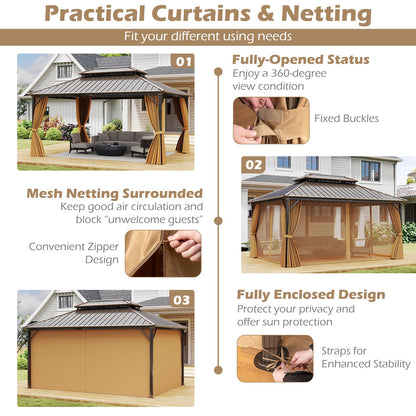 Infographic showing tied-back curtains, mesh netting, zippers, and enclosed panels on a hardtop gazebo.