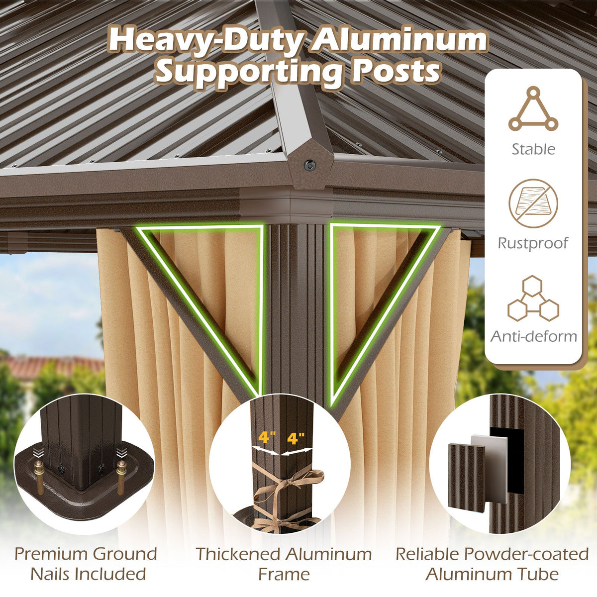 Aluminum support post detail showing 4 x 4 posts, base plates, and ground nails.