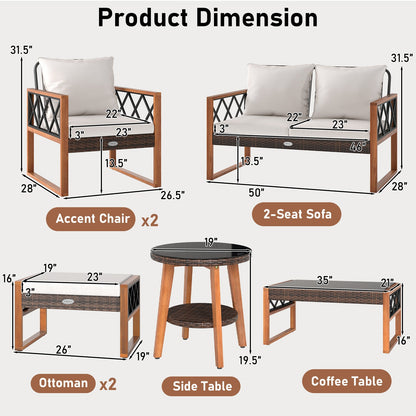 Product dimension diagram showing accent chairs, two-seat sofa, ottomans, side table, and coffee table.